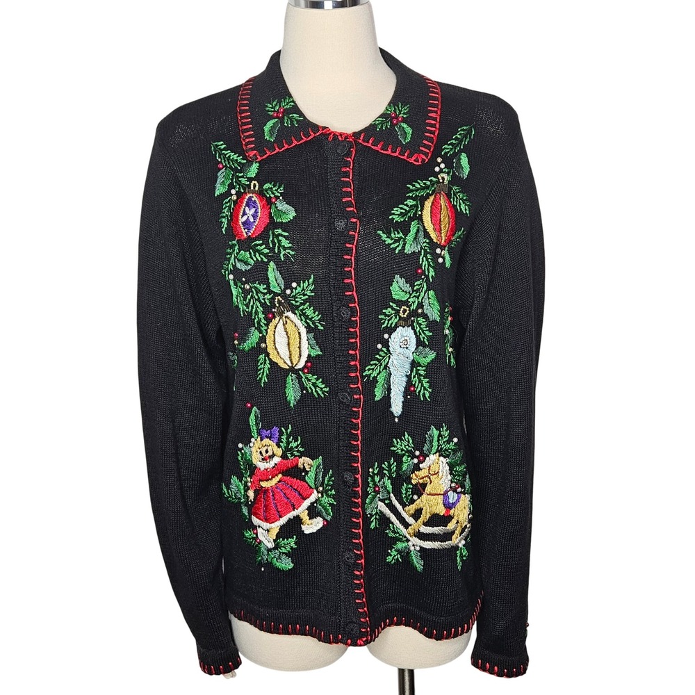 VTG B.P. Design Black Embroidered Christmas Sweater Beaded Ornaments Size‎ M